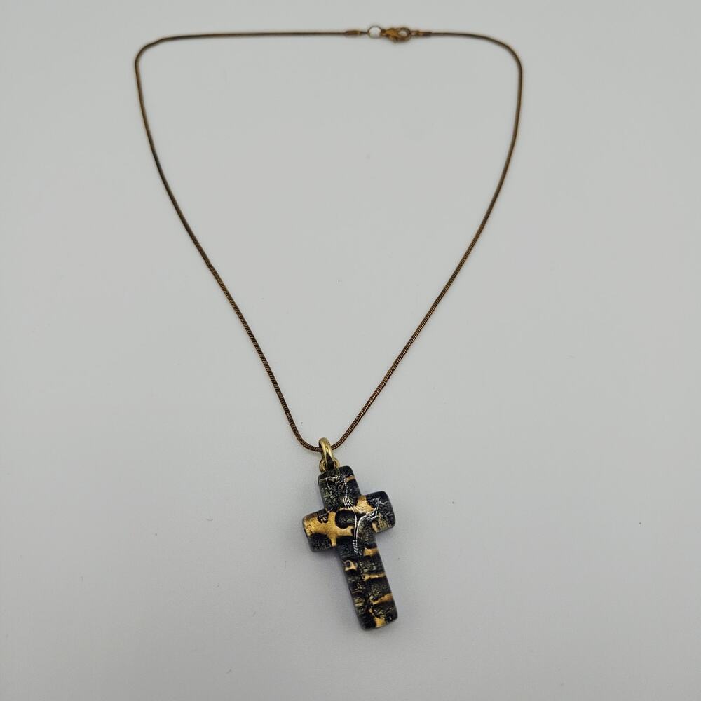 Murano Glass Cross Pendant On Gold Tone Chain Bronze Black Artesian Religious